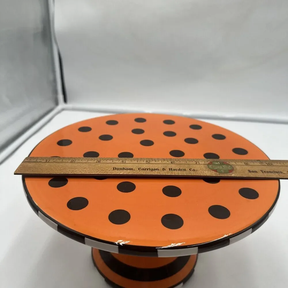 Vtg SUR LA TABLE Orange HALLOWEEN Polka Dot Striped CAKE PEDESTAL STAND PLATE 10